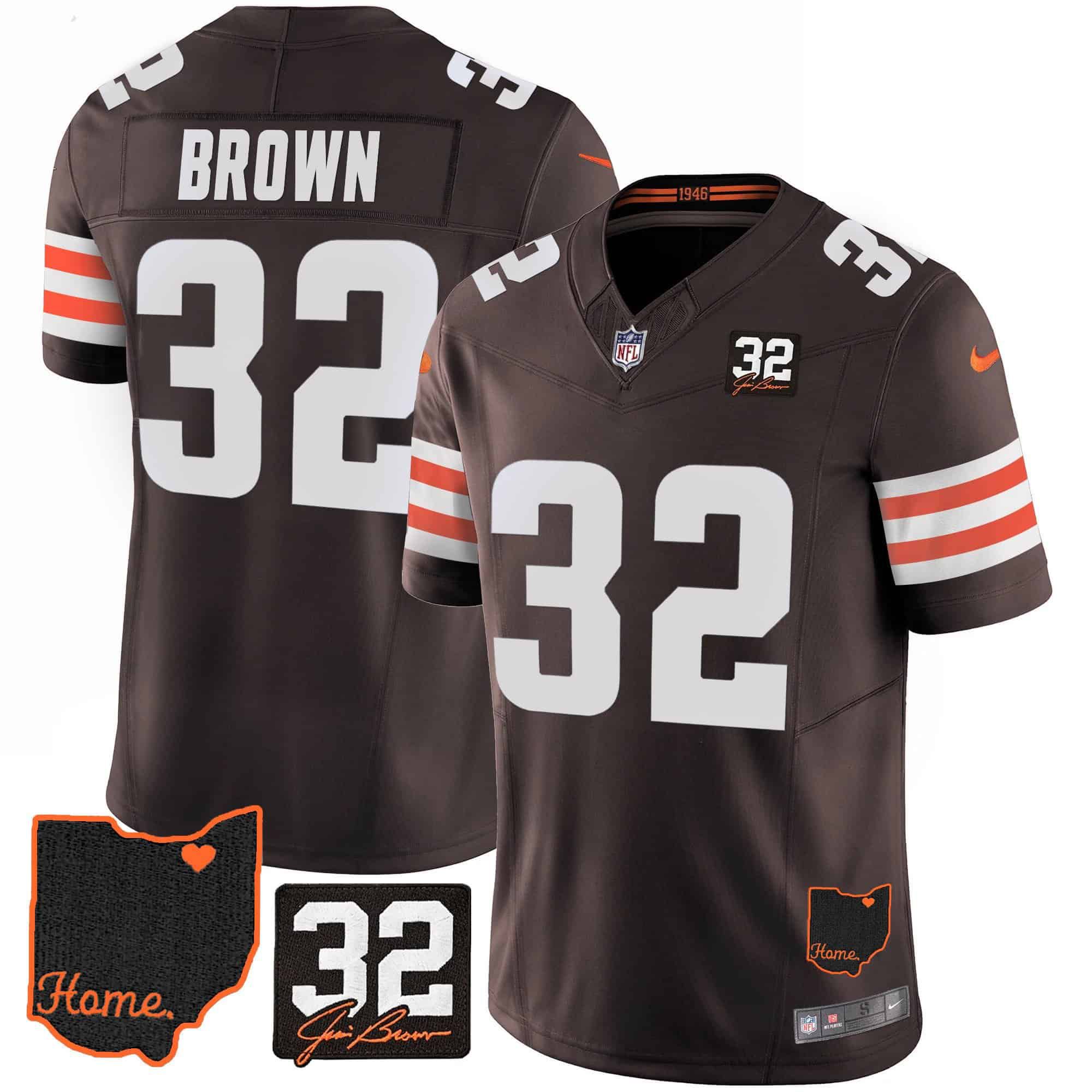 Men Cleveland Browns #32 Brown Brown Memorial Home Patch 2024 Nike NFL Jersey style 1